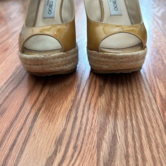 Jimmy Choo Patent Leather Vita Peep-Toe Slingback Sandals (Sand Yellow)- Size 37 - Picture 6 of 9